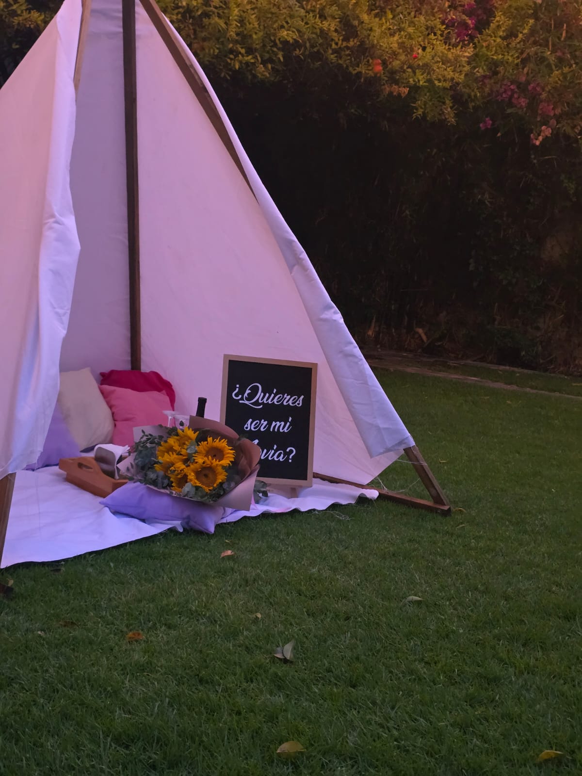 Interior del teepee con girasoles y cojines — Godettia